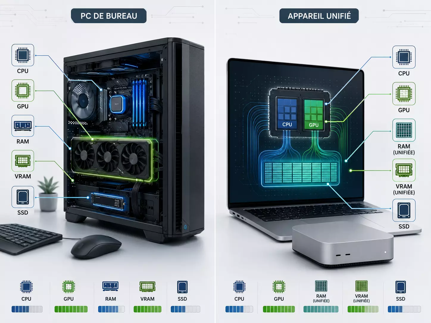 Comparaison de la configuration nécessaire sur PC et Mac pour un LLM local