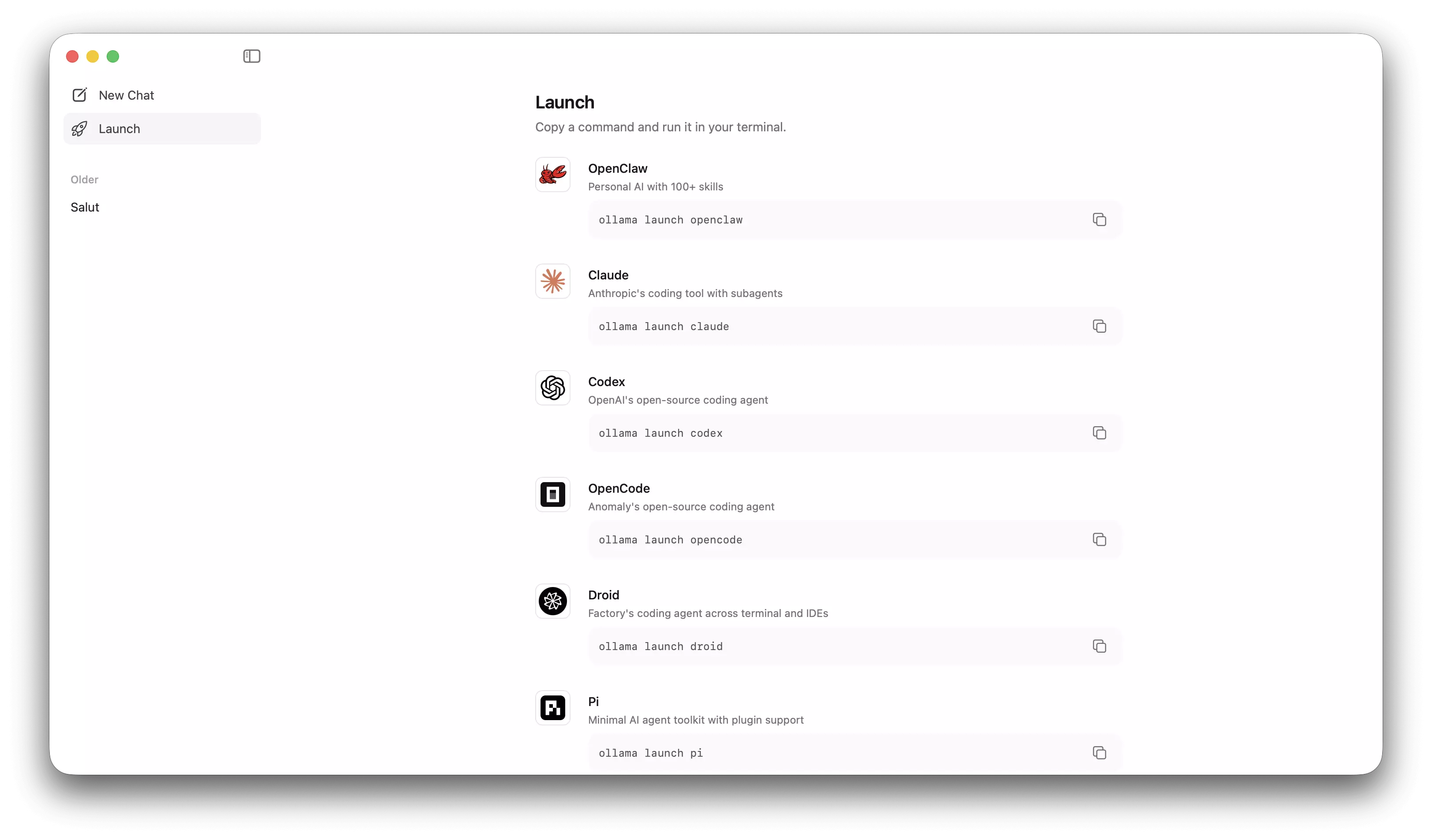 Onglet Ollama Launch avec plusieurs intégrations pour les assistants de code