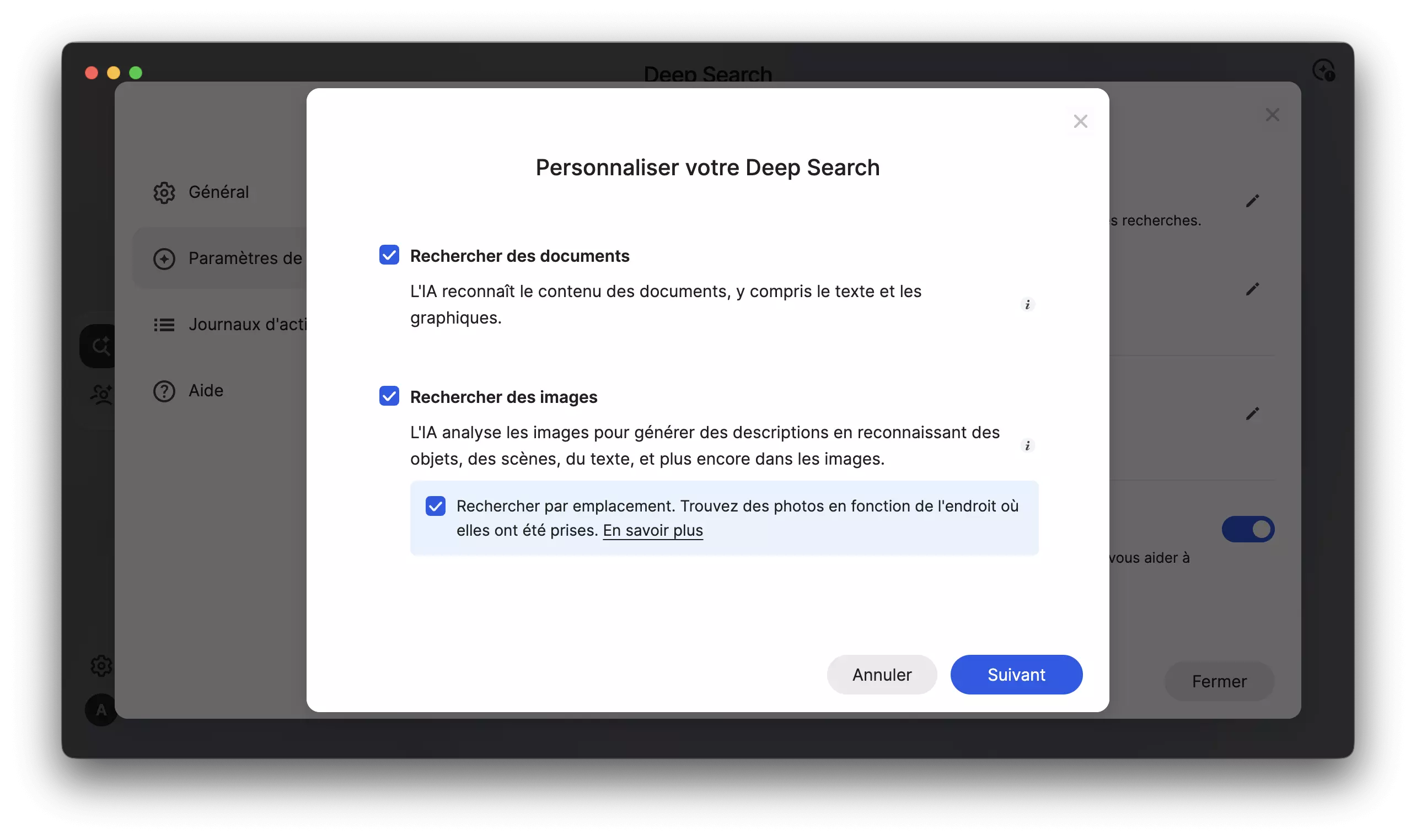 Assistant de configuration de Synology Deep Search avec les options recherche de documents et d'images