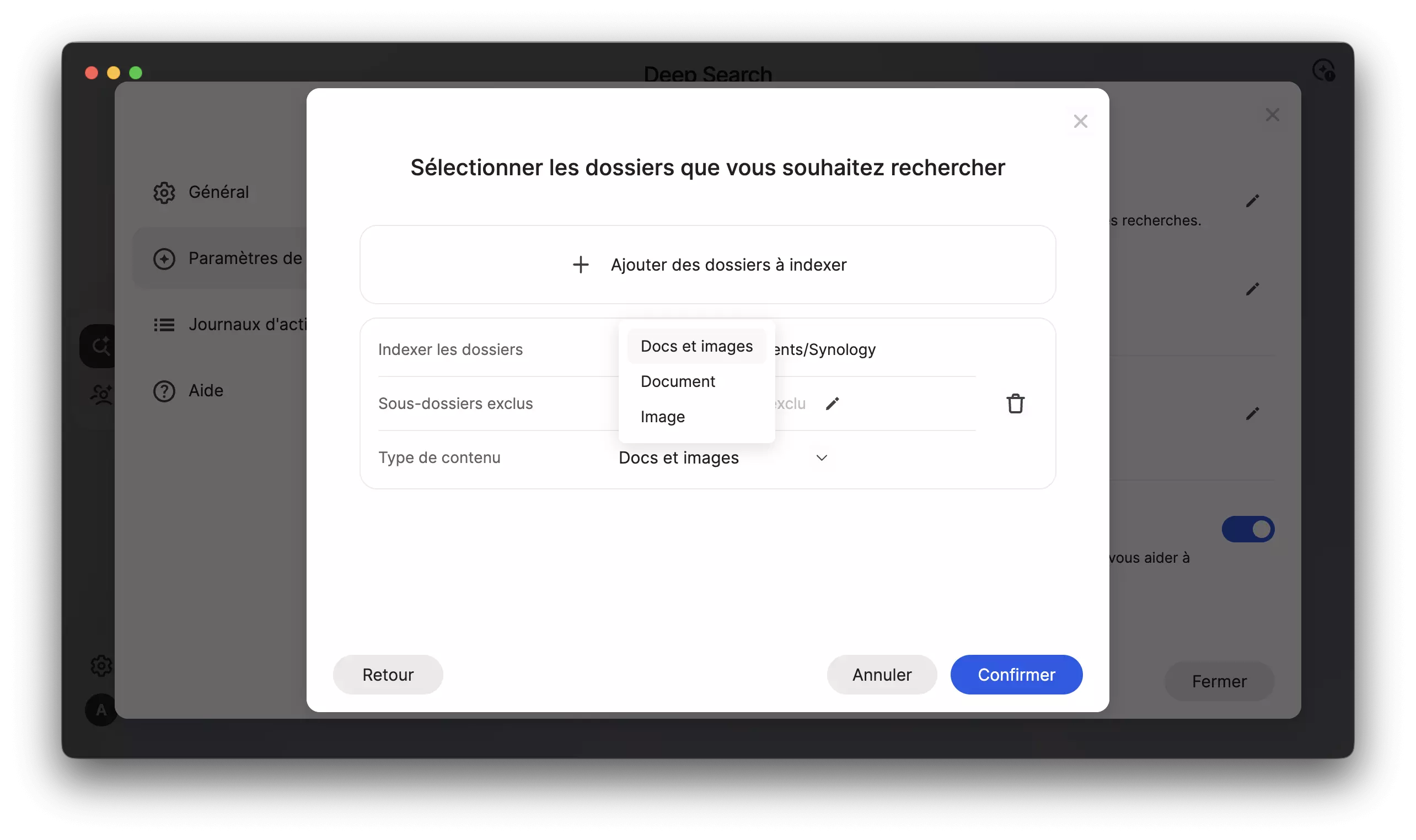 Sélection des dossiers à indexer dans Synology Deep Search avec choix du type de contenu