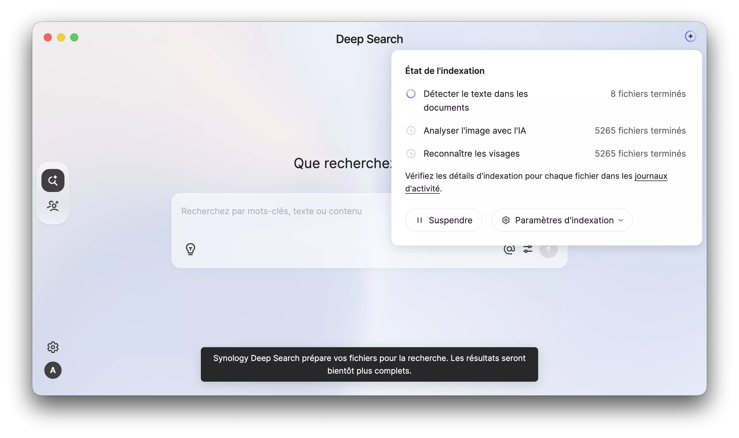 État de l'indexation dans Synology Deep Search avec 5265 fichiers analysés par l'IA