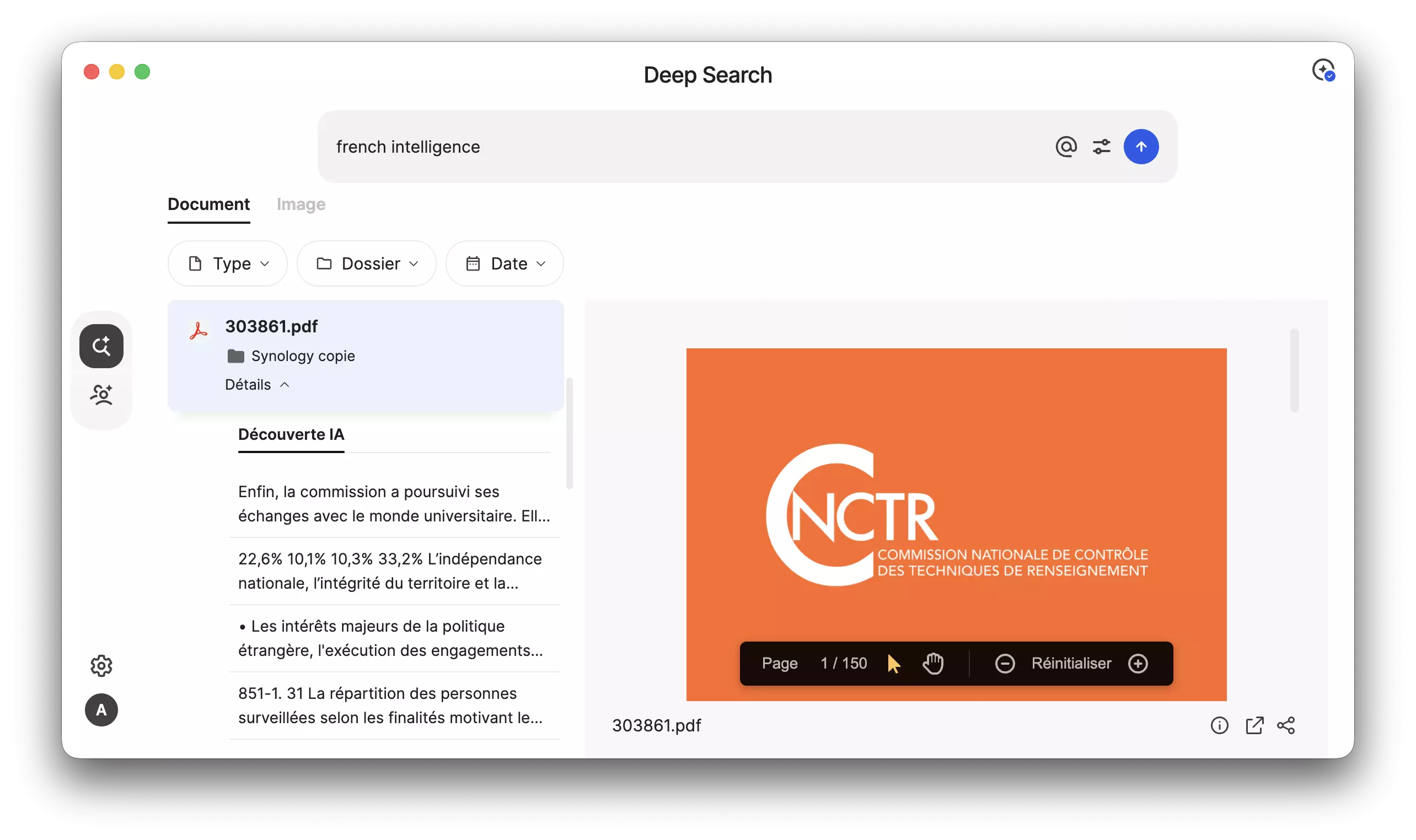Requête en anglais french intelligence dans Synology Deep Search remontant un rapport français de la CNCTR