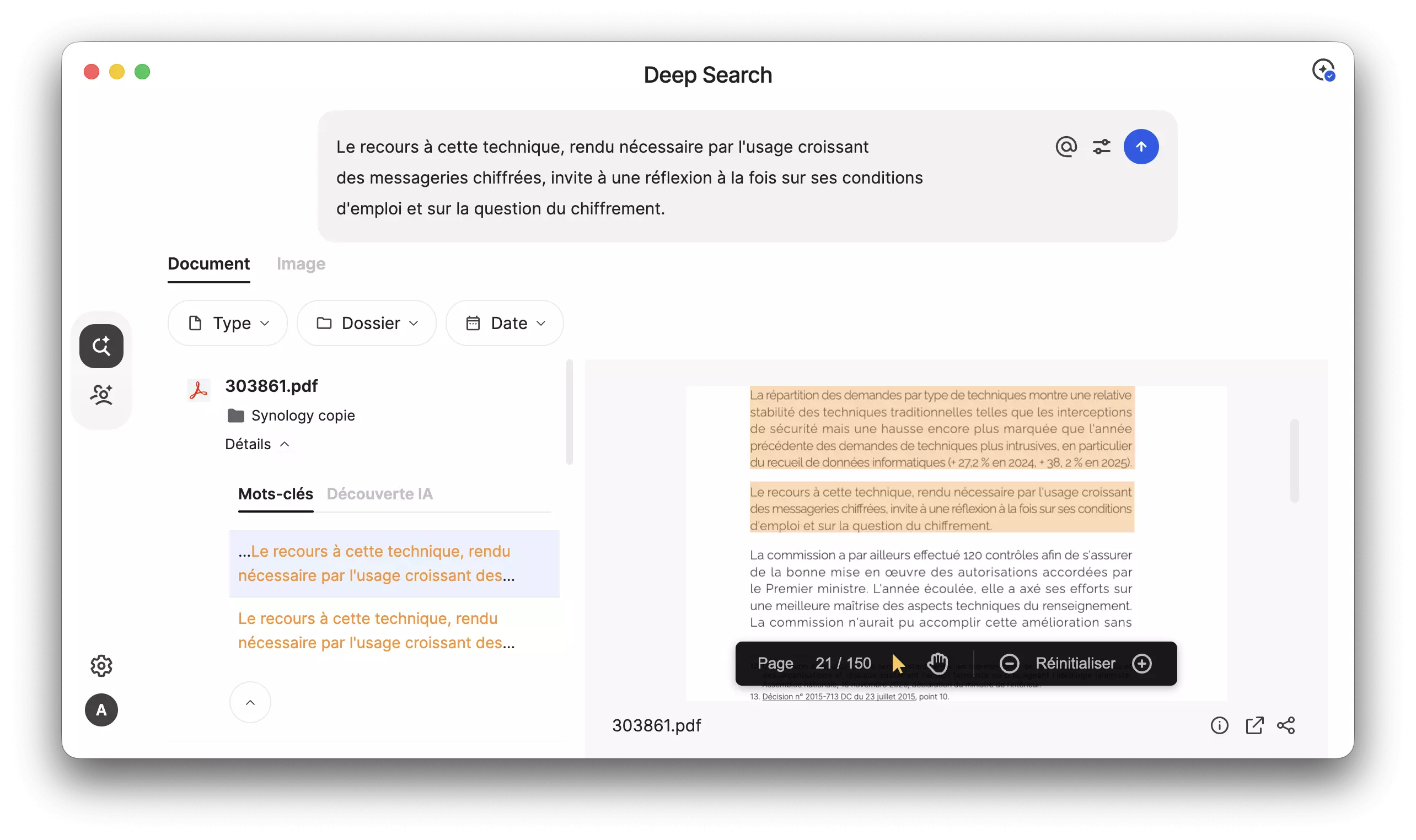 Synology Deep Search ouvrant un PDF page 21 sur 150 avec le passage recherché surligné en orange