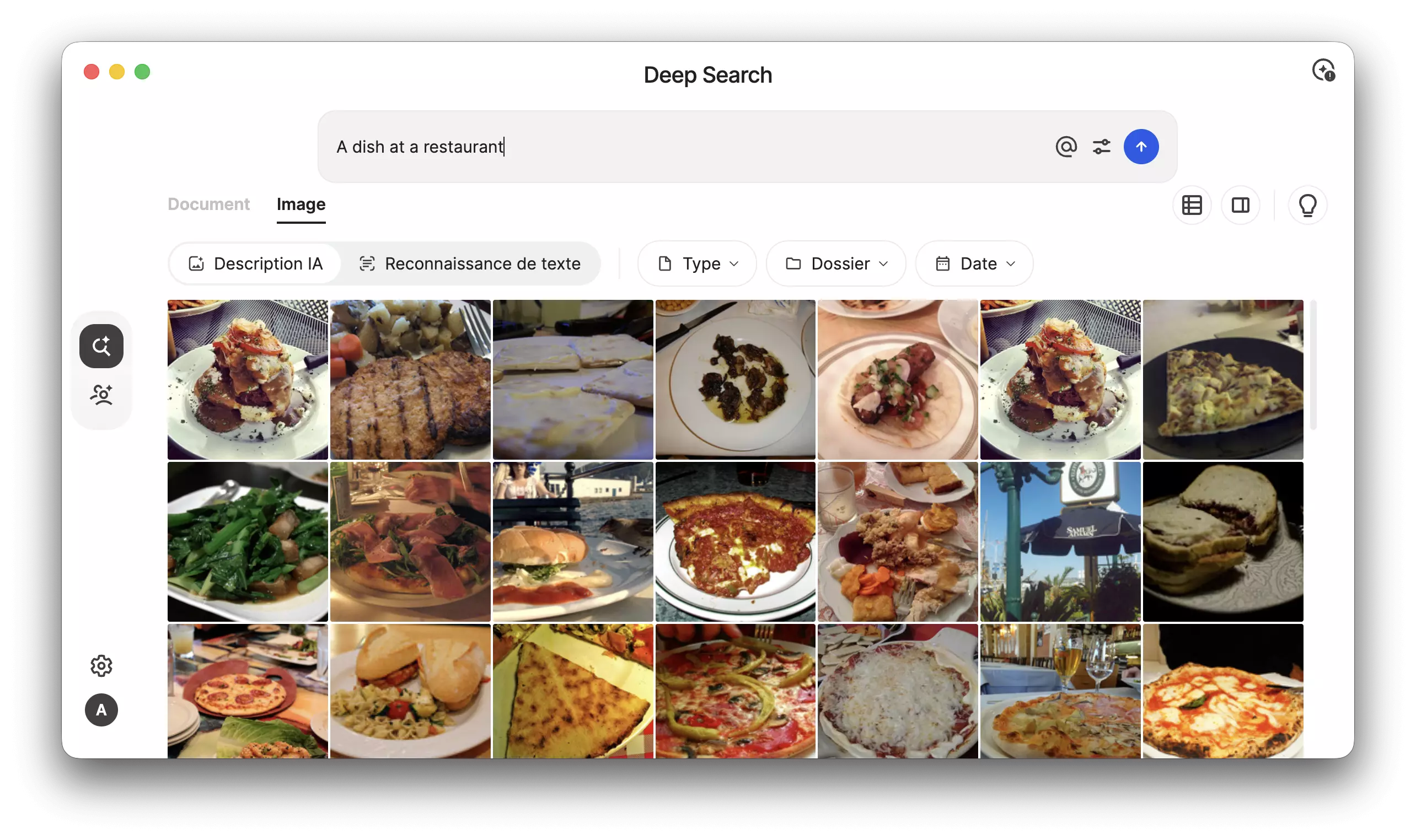 Requête A dish at a restaurant dans Synology Deep Search avec des résultats identiques à la version française