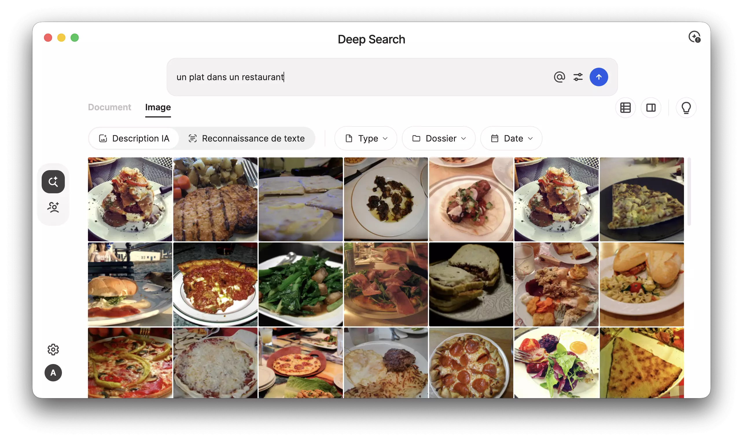 Requête un plat dans un restaurant dans Synology Deep Search avec une grille de photos de plats
