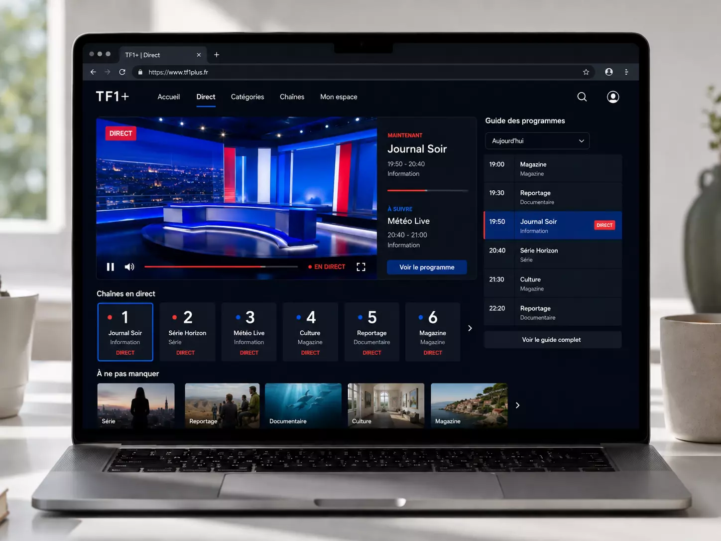 Rubrique Direct de TF1+ ouverte sur un navigateur