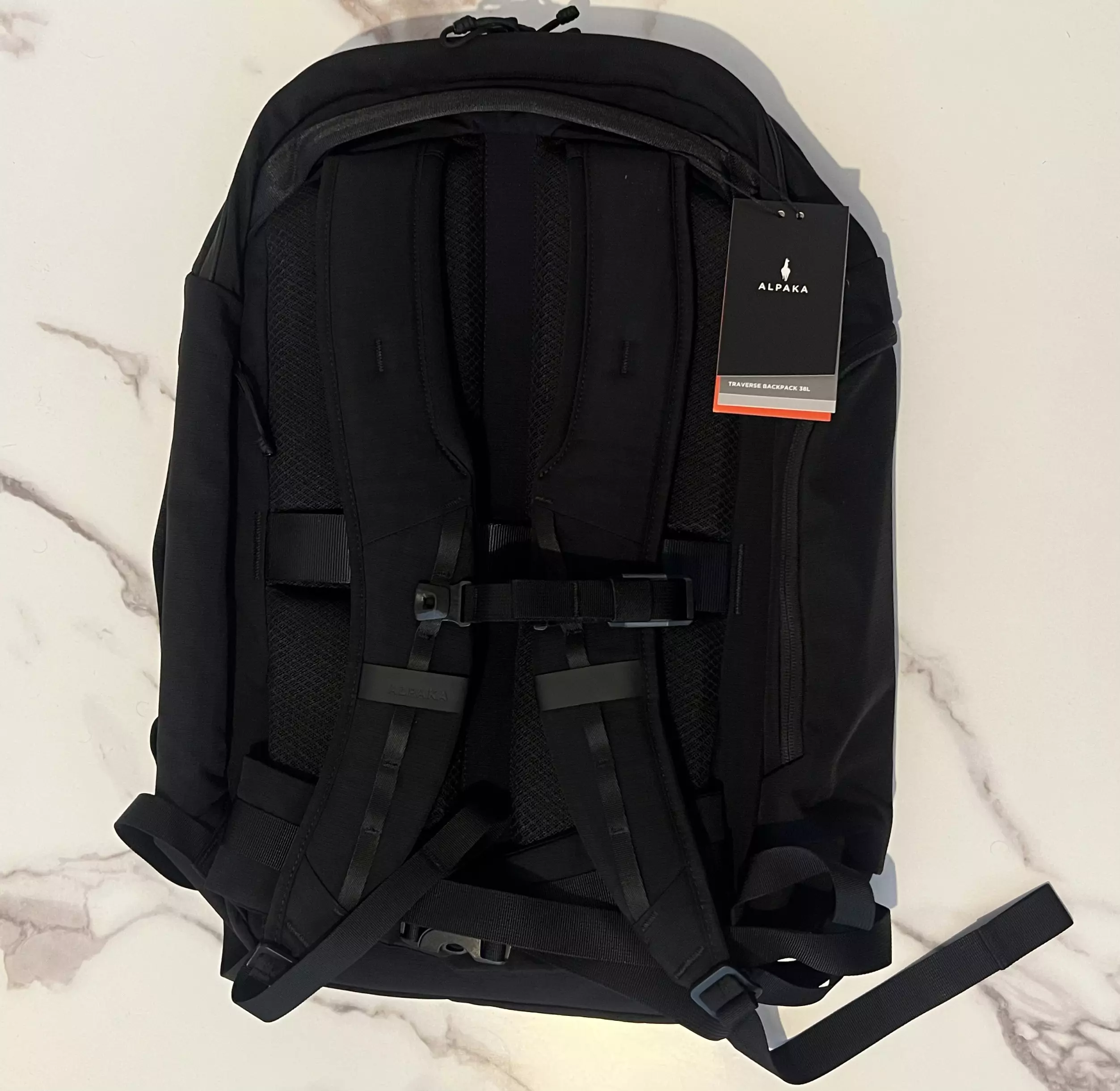 Dos de l’ALPAKA Traverse 38L avec bretelles, sangle pectorale et ceinture ventrale