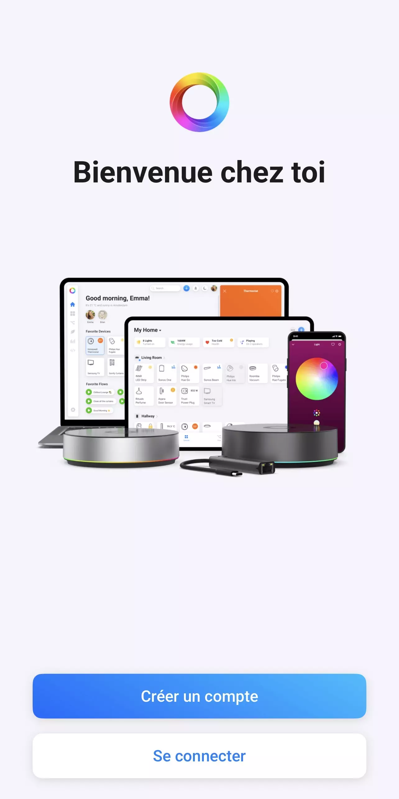 Écran de bienvenue de l’application Homey avec les boutons de création de compte et de connexion