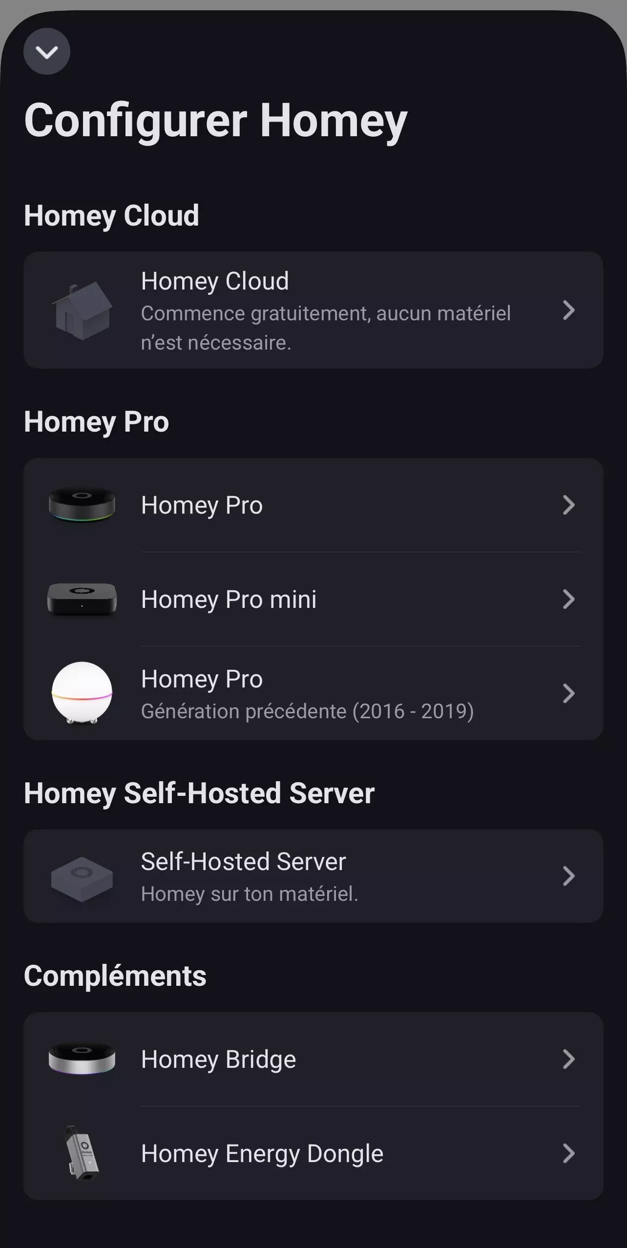 Menu Configurer Homey affichant Homey Cloud, Homey Pro, Homey Pro mini et les compléments