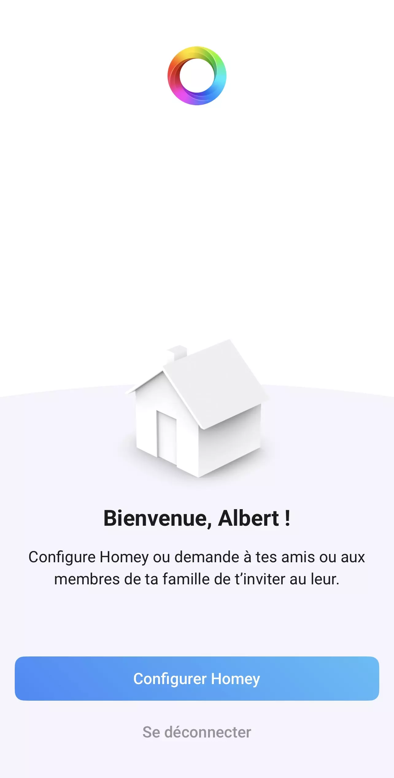 Écran d’accueil Homey après connexion avec le bouton Configurer Homey