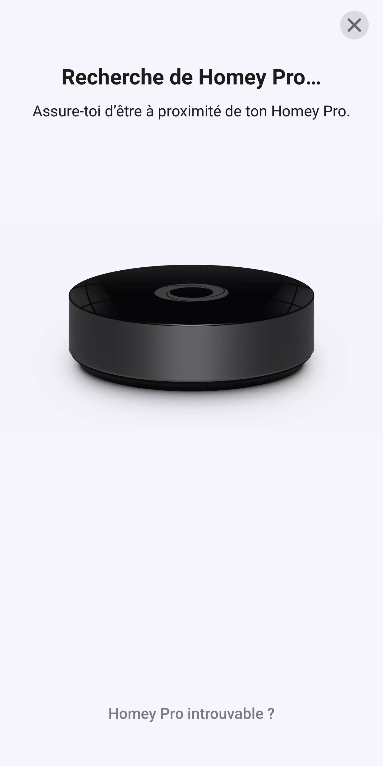 Application Homey recherchant un Homey Pro à proximité pendant la configuration