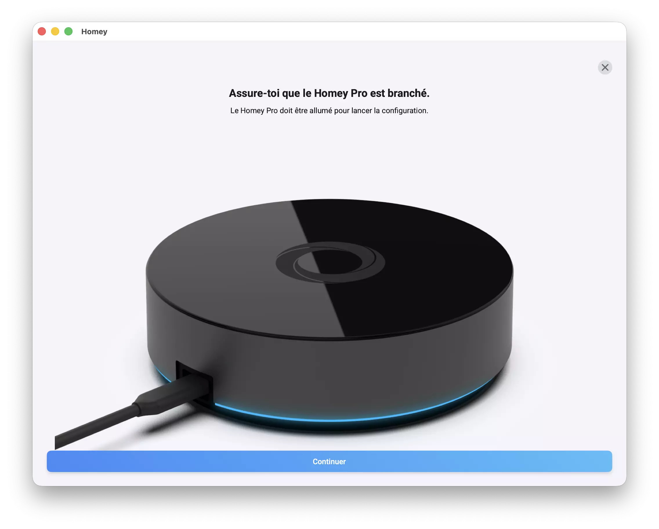 Fenêtre de configuration Homey sur macOS demandant de brancher le Homey Pro