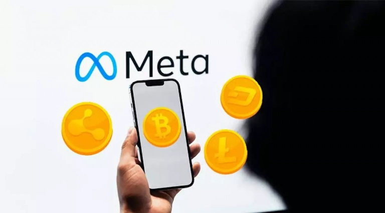 Logo Meta devant des publicités frauduleuses de cryptomonnaies et un marteau de justice