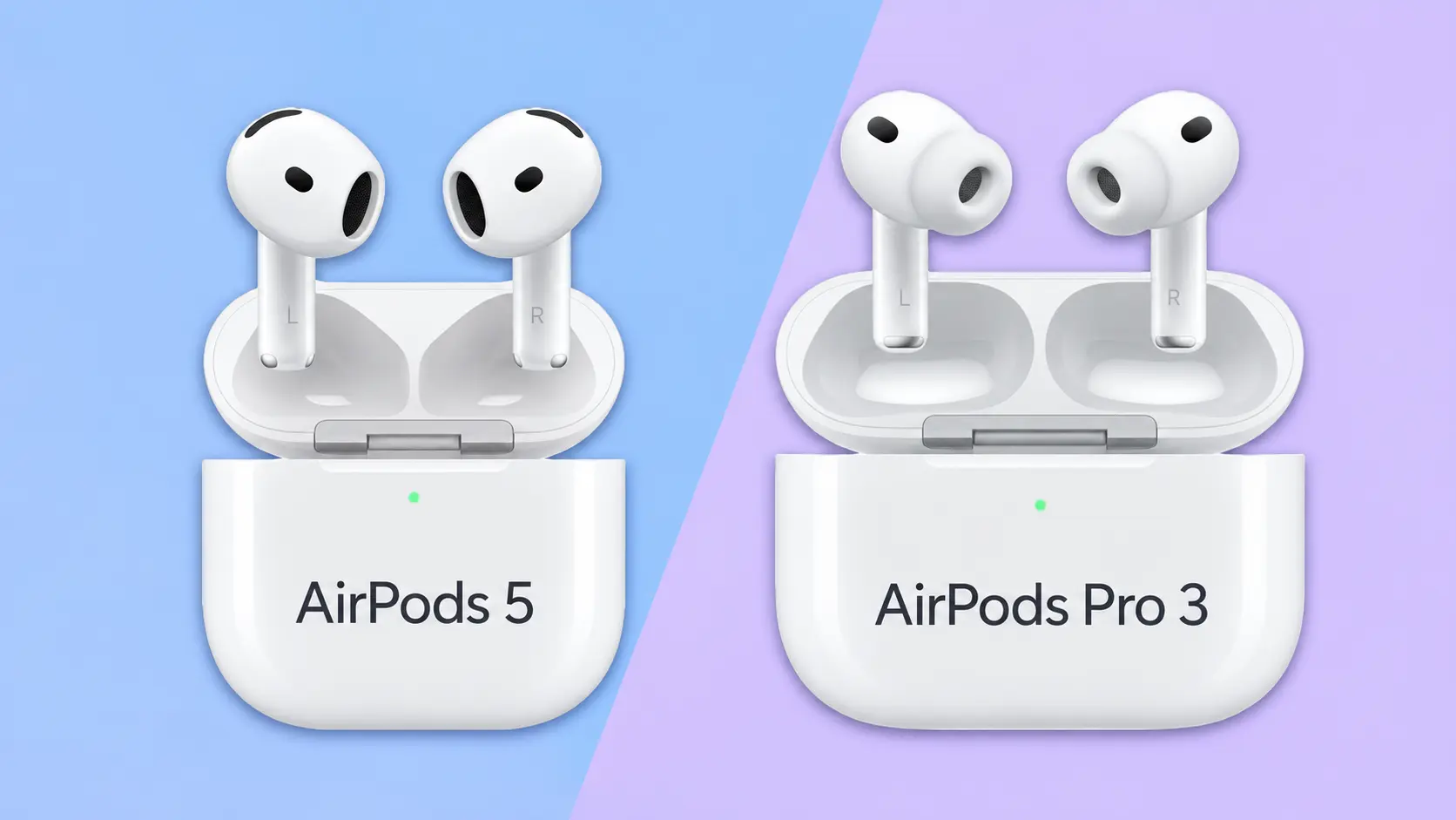 AirPods 5 et AirPods Pro 3 côte à côte pour comparer les écouteurs Apple
