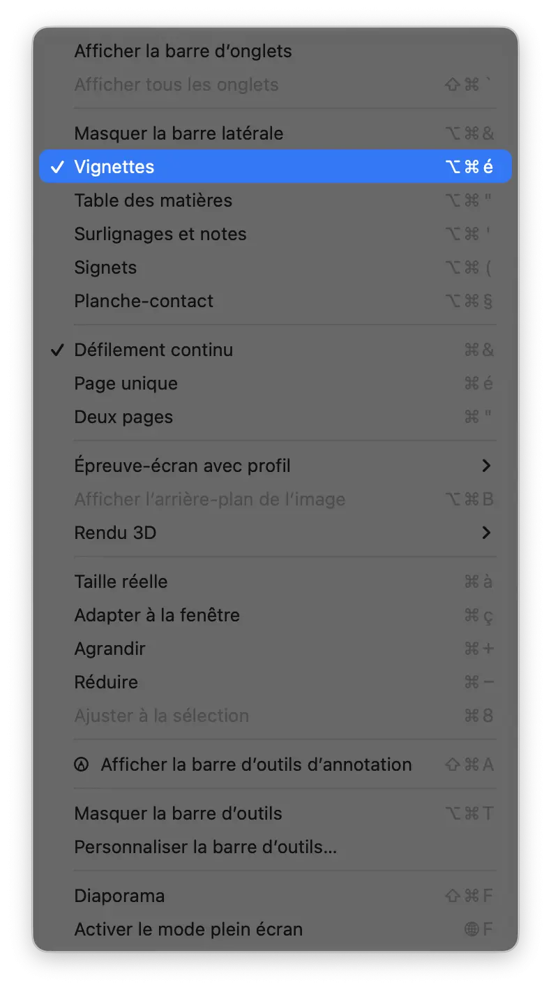 Menu Présentation d’Aperçu sur Mac avec l’option Vignettes sélectionnée