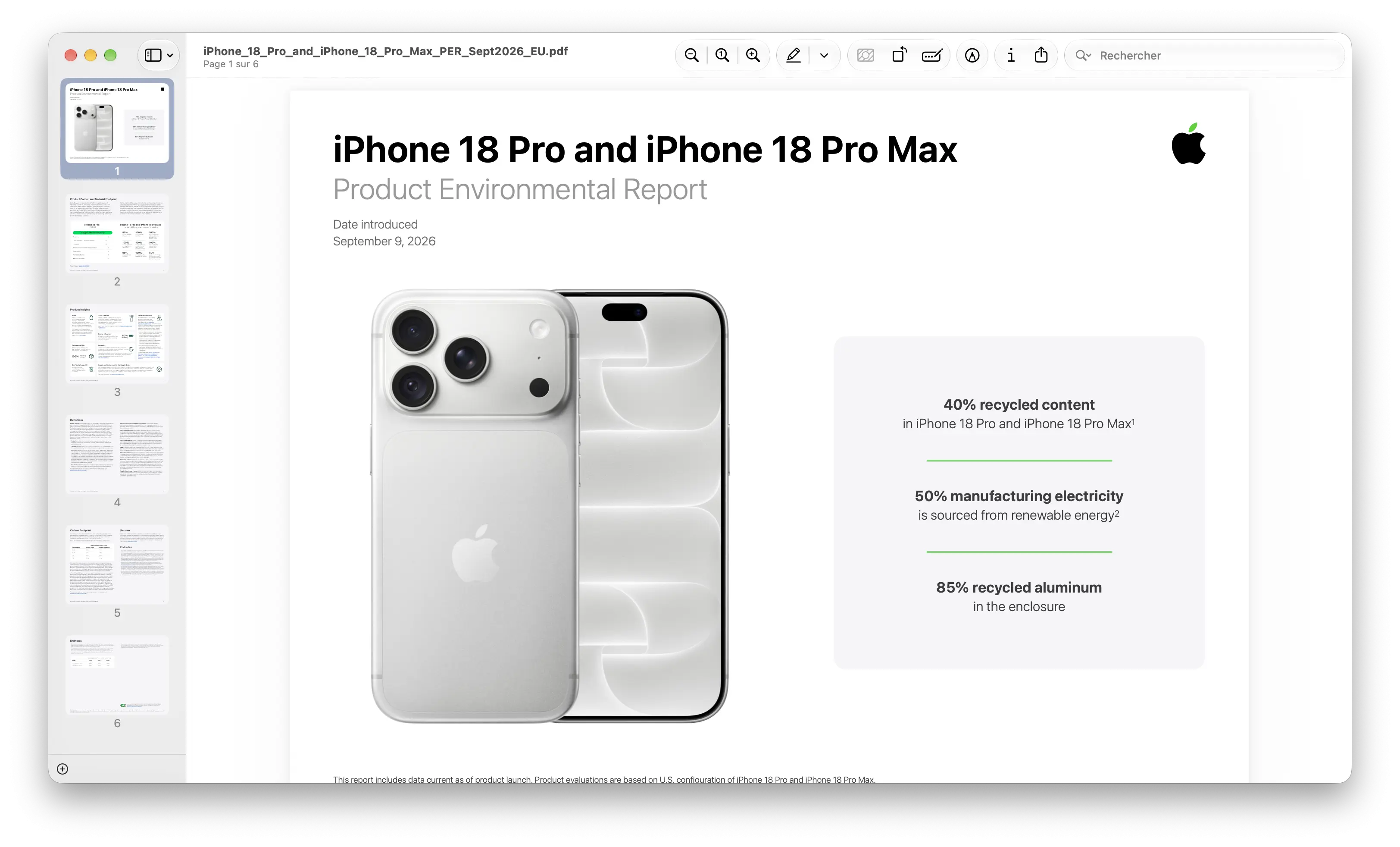 Application Aperçu sur Mac affichant un PDF Apple consacré à l’iPhone 18 Pro