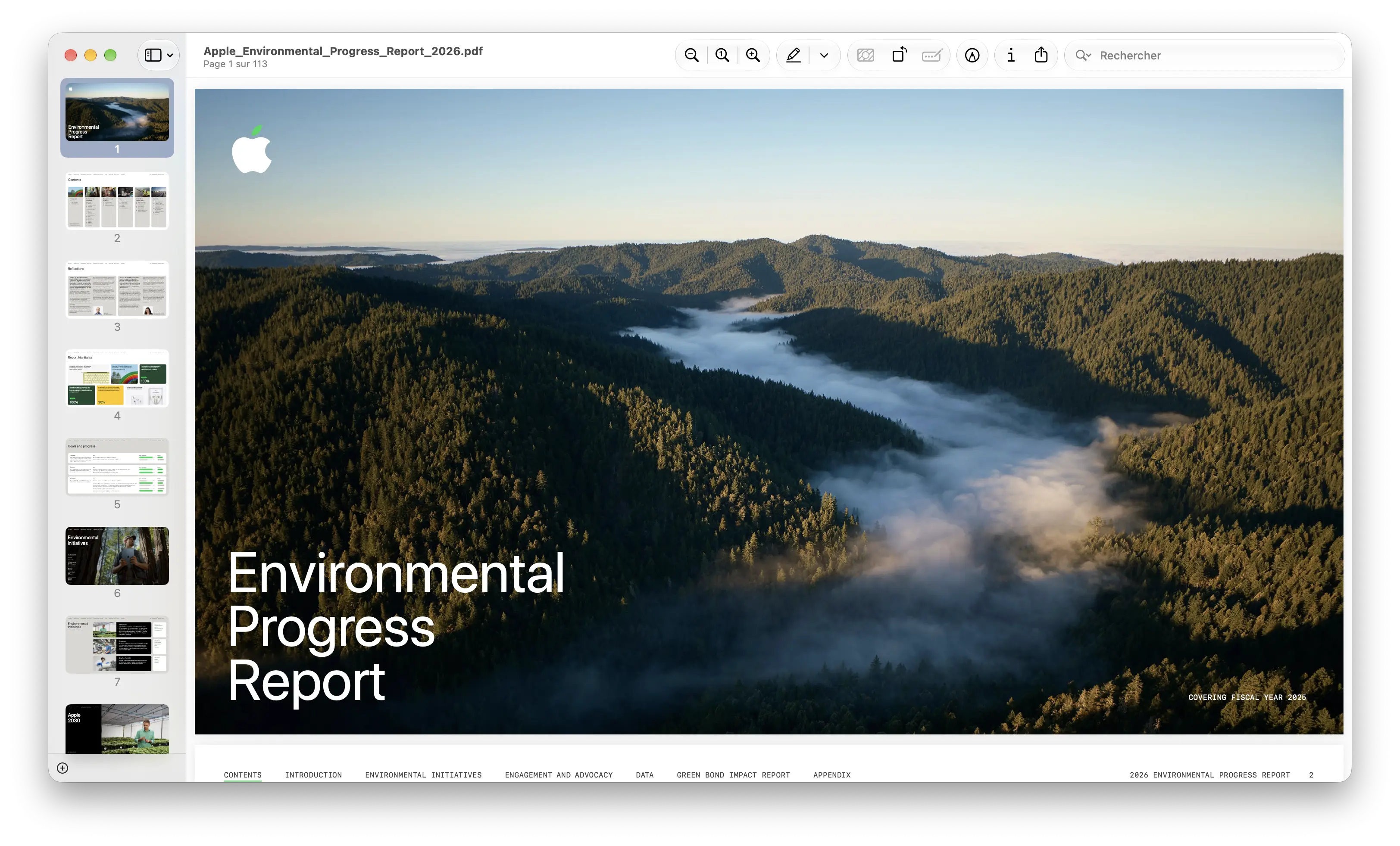 Rapport environnemental Apple 2026 ouvert dans Aperçu avec les vignettes des pages