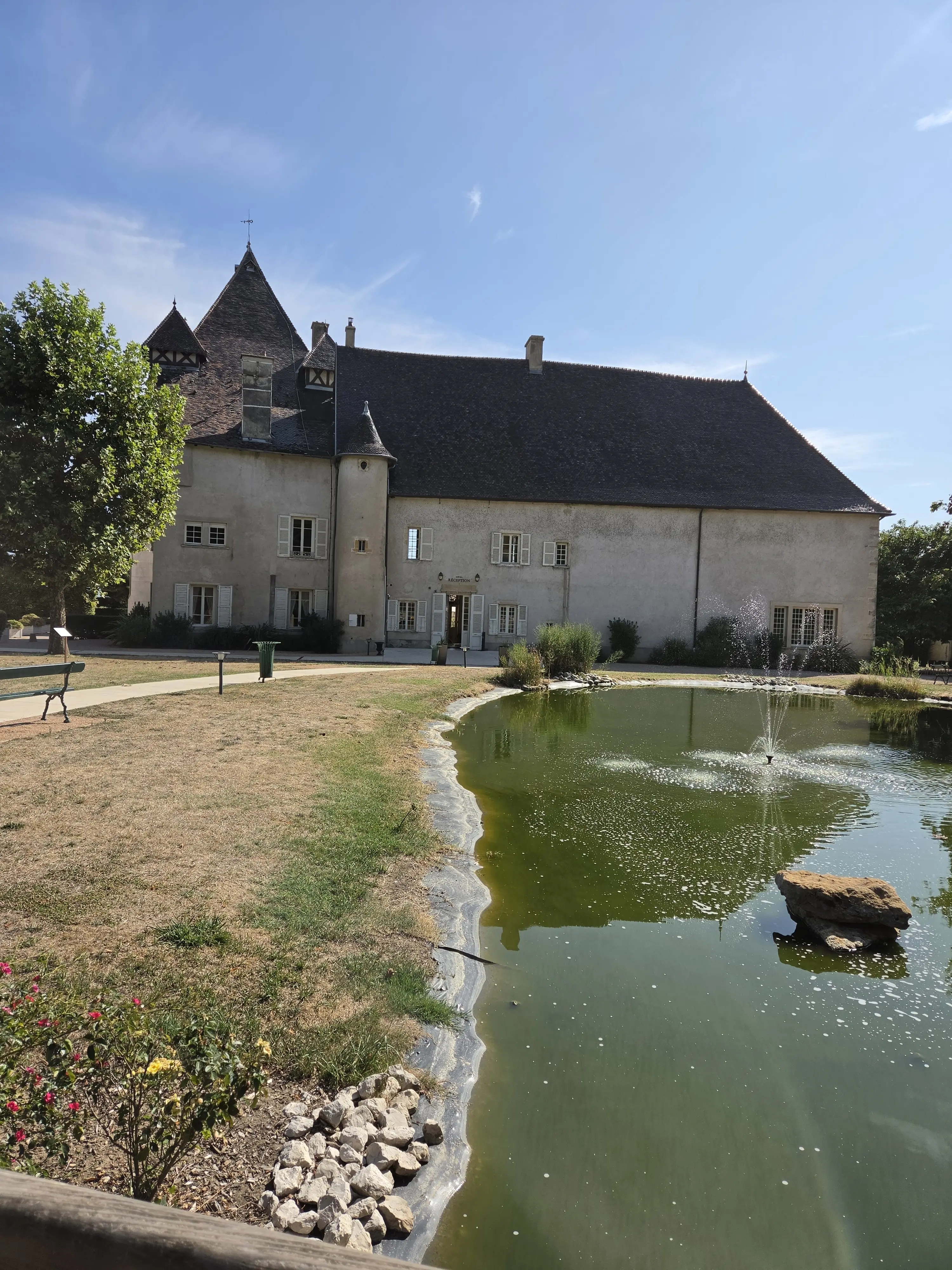 Bâtiment ancien et bassin entouré de végétation photographiés avec le Galaxy Z Fold8
