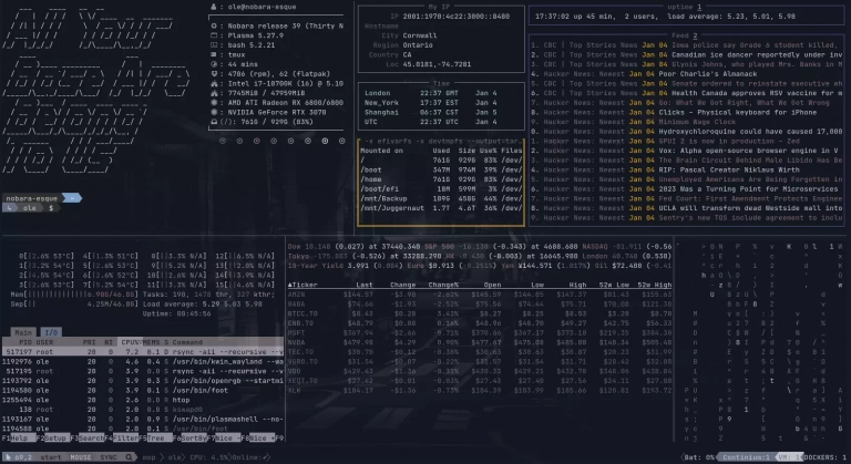 Terminal tmux divisé en plusieurs panneaux avec différentes commandes Linux