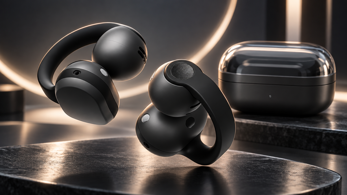 Galaxy Buds On noirs montrant leur design ouvert à clip, photographiés près du boîtier de recharge