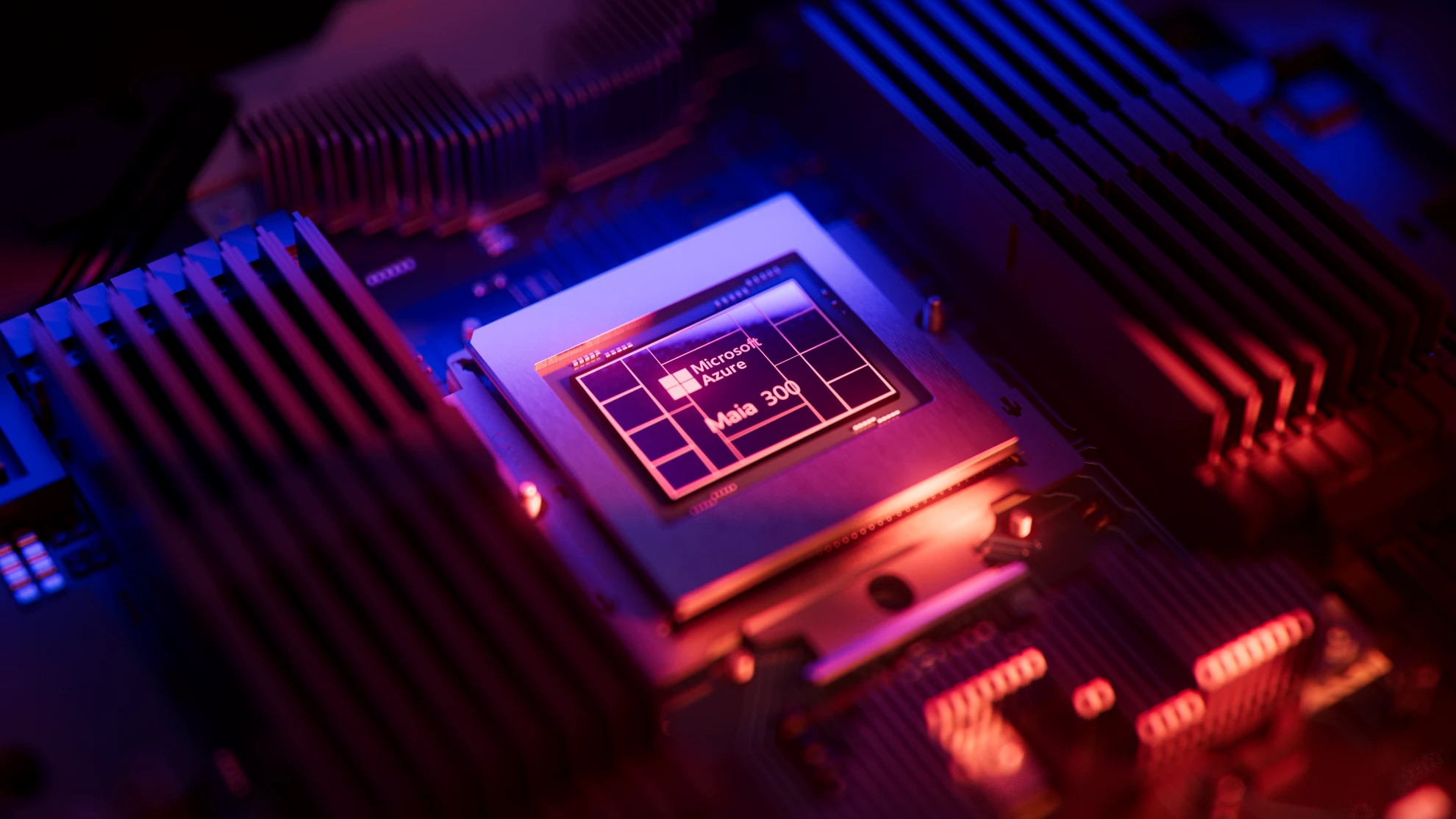 Photographie officielle Microsoft du prototype de puce Azure Maia 300 destiné à l'inférence IA en 2027