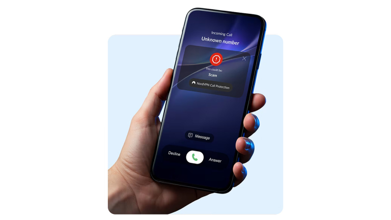 Visuel NordVPN de détection d’un appel potentiellement frauduleux sur un smartphone