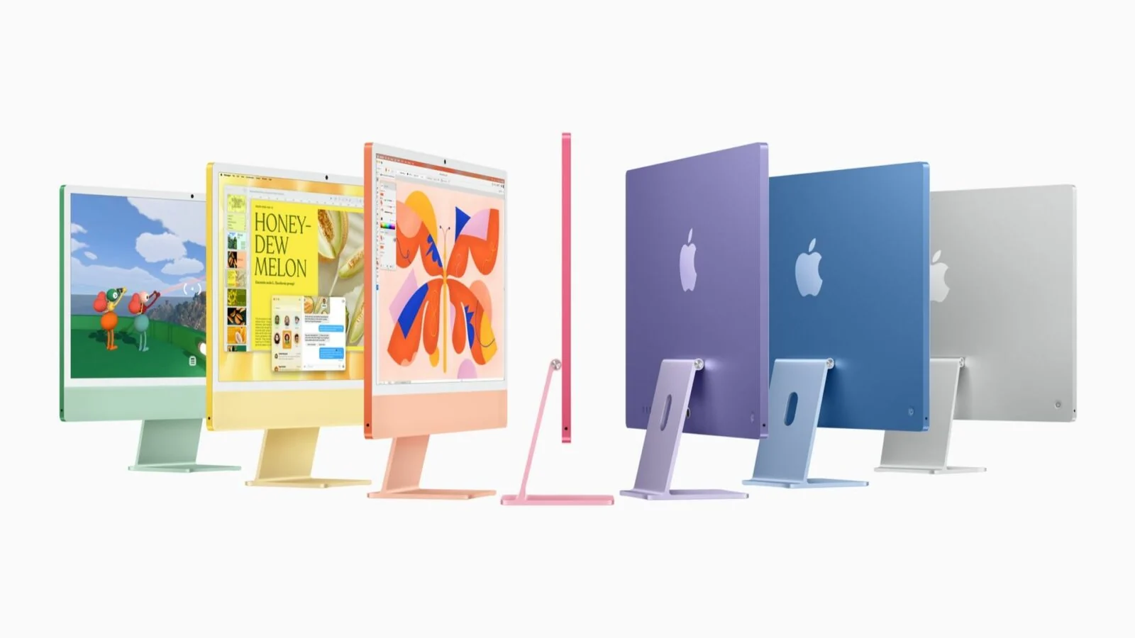 Les iMac M6 24 pouces présentés dans leurs sept coloris : vert, jaune, orange, rose, mauve, bleu et argent.