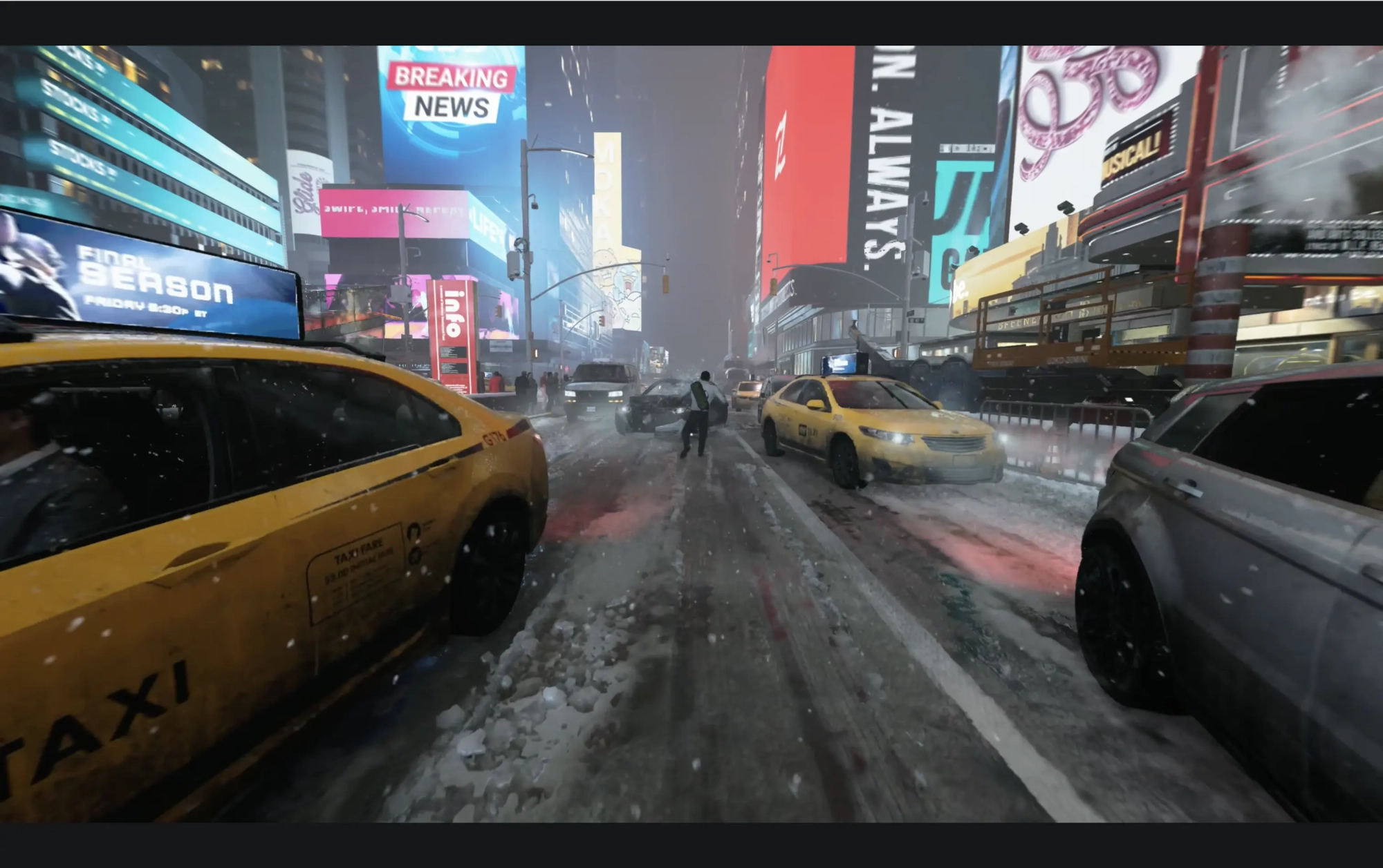 Call of Duty Modern Warfare 4 : avenue de New York enneigée avec taxis jaunes