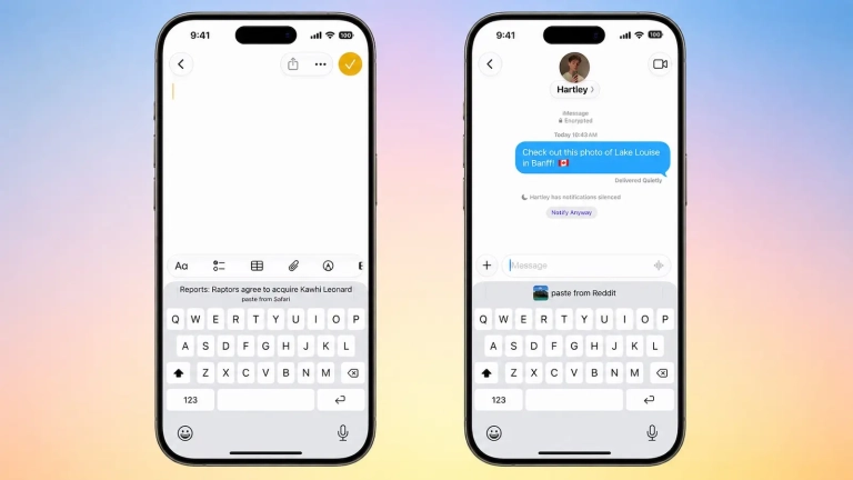 Nouveau bouton pour coller du texte au-dessus du clavier dans iOS 27