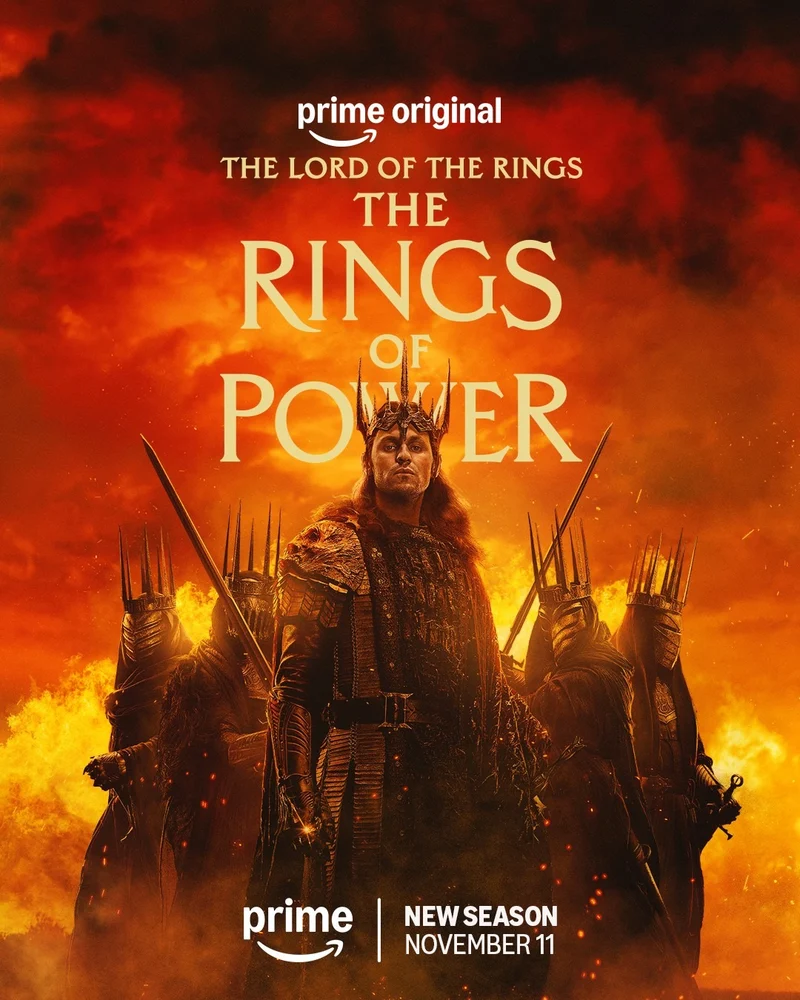 Affiche de la saison 3 des Anneaux de pouvoir montrant Sauron et les quatre Nazgnagôl