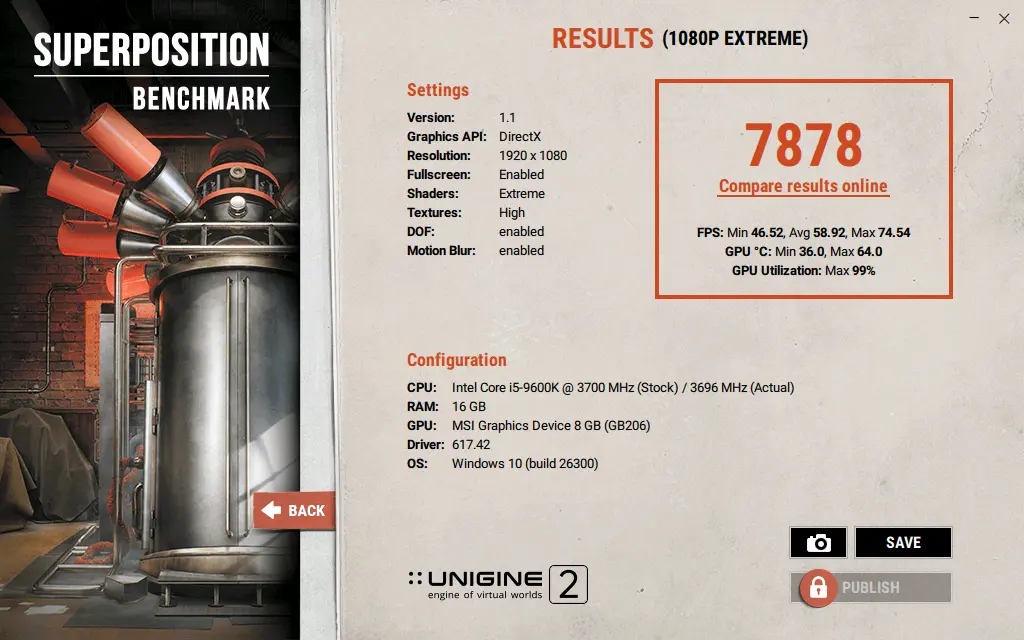 Benchmark Unigine Superposition 1080p Extreme avec 7 878 points