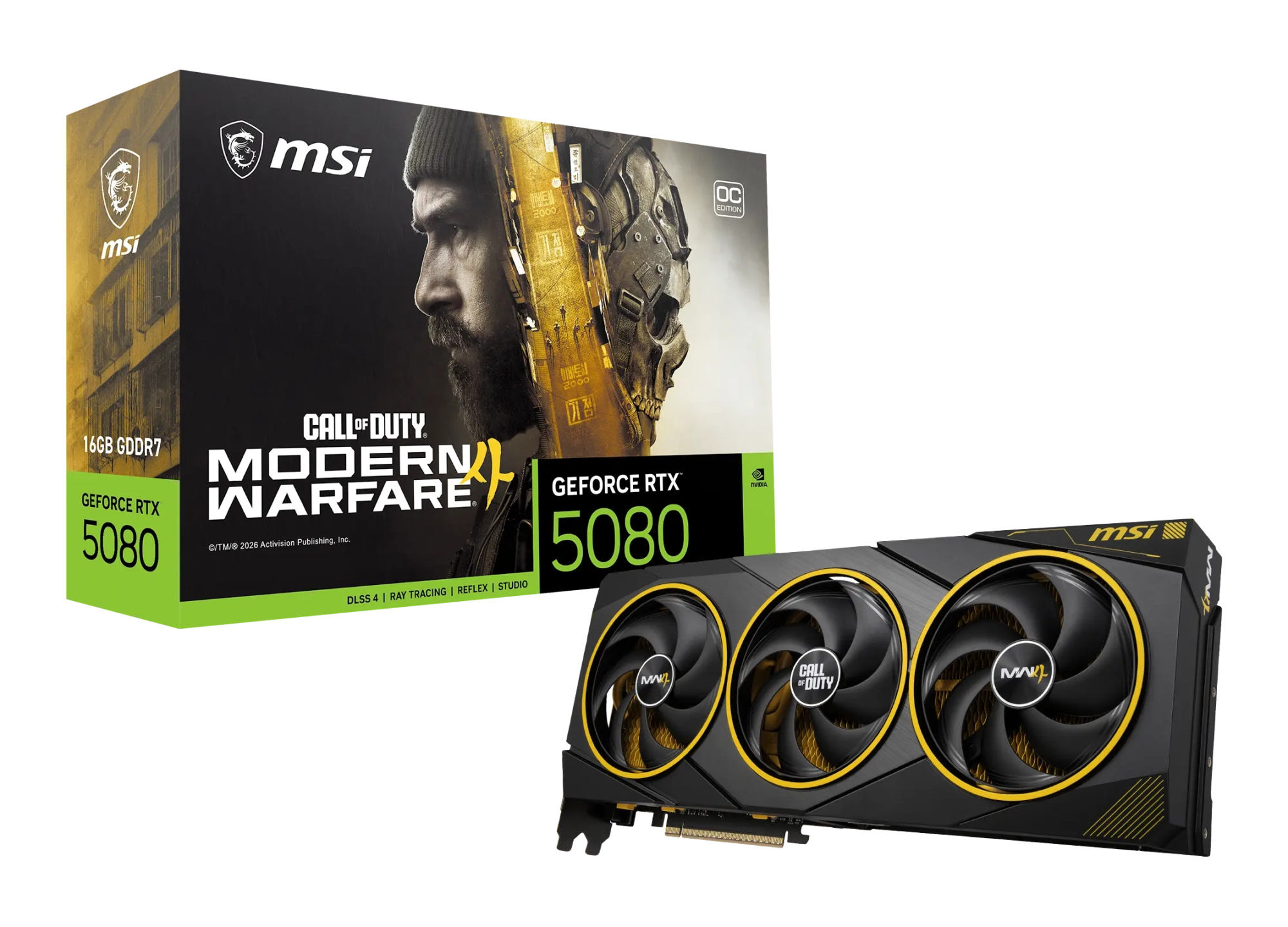 Boîte collector de la GeForce RTX 5080 MSI Call of Duty Modern Warfare 4 Edition OC et carte graphique à trois ventilateurs